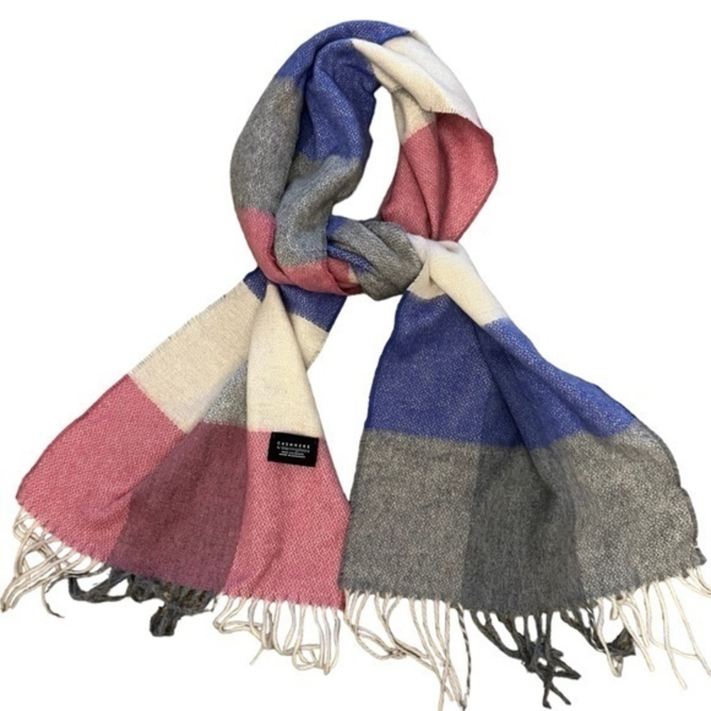 BLOOMINGDALE’S striped 100% cashmere striped scarf, cream pink blue & gray